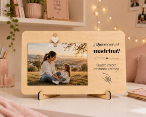 Marco de madera con peana, frase grabada y fotografía 10x15 cm padrinos - Imagen 2