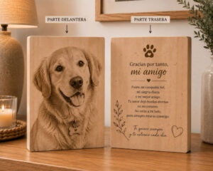 Foto grabada en madera abedul de 18 mm con dedicatoria mascotas - Imagen 2