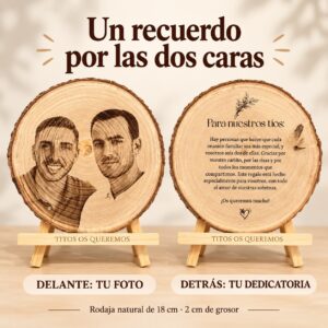 Rodaja de madera personalizada con foto grabada y dedicatoria - Imagen 2