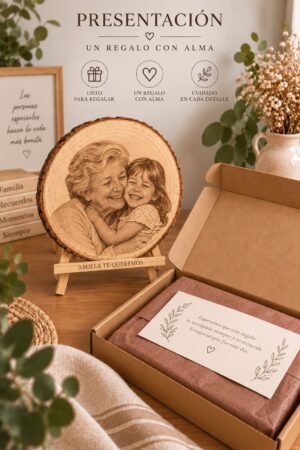 Rodaja de madera personalizada con foto grabada y dedicatoria