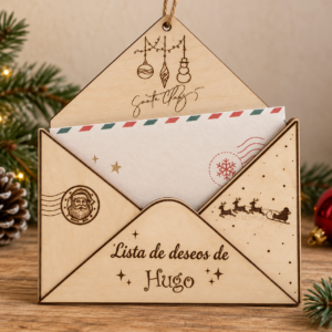 Vista frontal del sobre navideño de madera personalizado con nombre