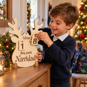 Niño cambiando el número del contador navideño antes de ir al colegio
