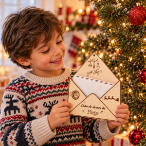 Niño sujetando el sobre de madera con las dos manos junto al árbol de Navidad