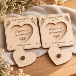 Placas de abedul de 3 mm con corazón extraíble para pedir que sean padrino o madrina