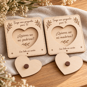 Placas de abedul de 3 mm con corazón extraíble para pedir que sean padrino o madrina