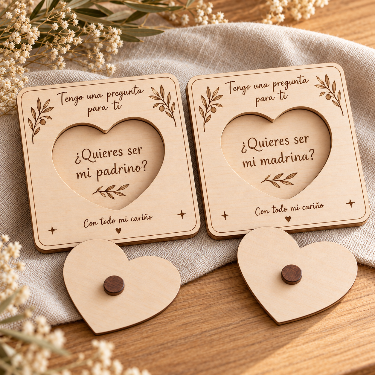 Corazón sorpresa de madera para padrino y madrina Placas de abedul de 3 mm con corazón extraíble para pedir que sean padrino o madrina