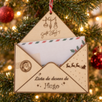Sobre de madera personalizado para la carta a Papá Noel colgado en el árbol de Navidad