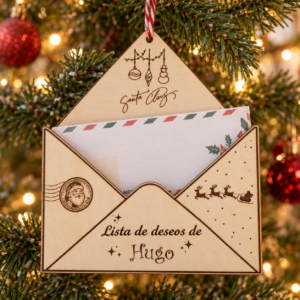 Sobre de madera personalizado para la carta a Papá Noel colgado en el árbol de Navidad
