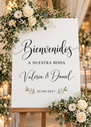 Lienzo Bienvenidos a nuestra boda con los nombres Valeria y Daniel y una fecha, sobre un caballete.