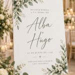 Lienzo de bienvenida de boda con motivos florales y los nombres Alba y Hugo, colocado sobre un caballete.