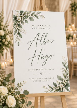 Lienzo de bienvenida de boda con motivos florales y los nombres Alba y Hugo, colocado sobre un caballete.