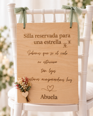 Tabla Silla Reservada para abuela, sin foto, colgada de una silla con cintas y ramillete de flores.