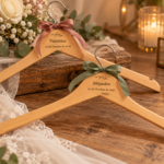 Dos perchas de madera natural personalizadas con nombres y fecha, motivos vegetales y lazos de tela.