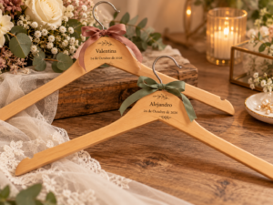 Dos perchas de madera natural personalizadas con nombres y fecha, motivos vegetales y lazos de tela.