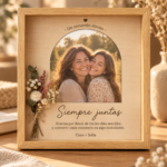 Cuadro de madera natural con fotografía en arco, dedicatoria para mamá y pequeño ramo de flores preservadas.