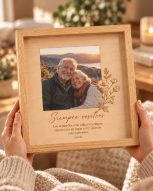 Manos sosteniendo un cuadro con foto de una pareja, dedicatoria e ilustración floral lineal.