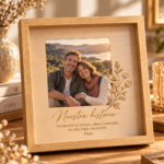 Cuadro de madera natural con foto de pareja, texto personalizado e ilustración floral lineal integrada en la imagen.