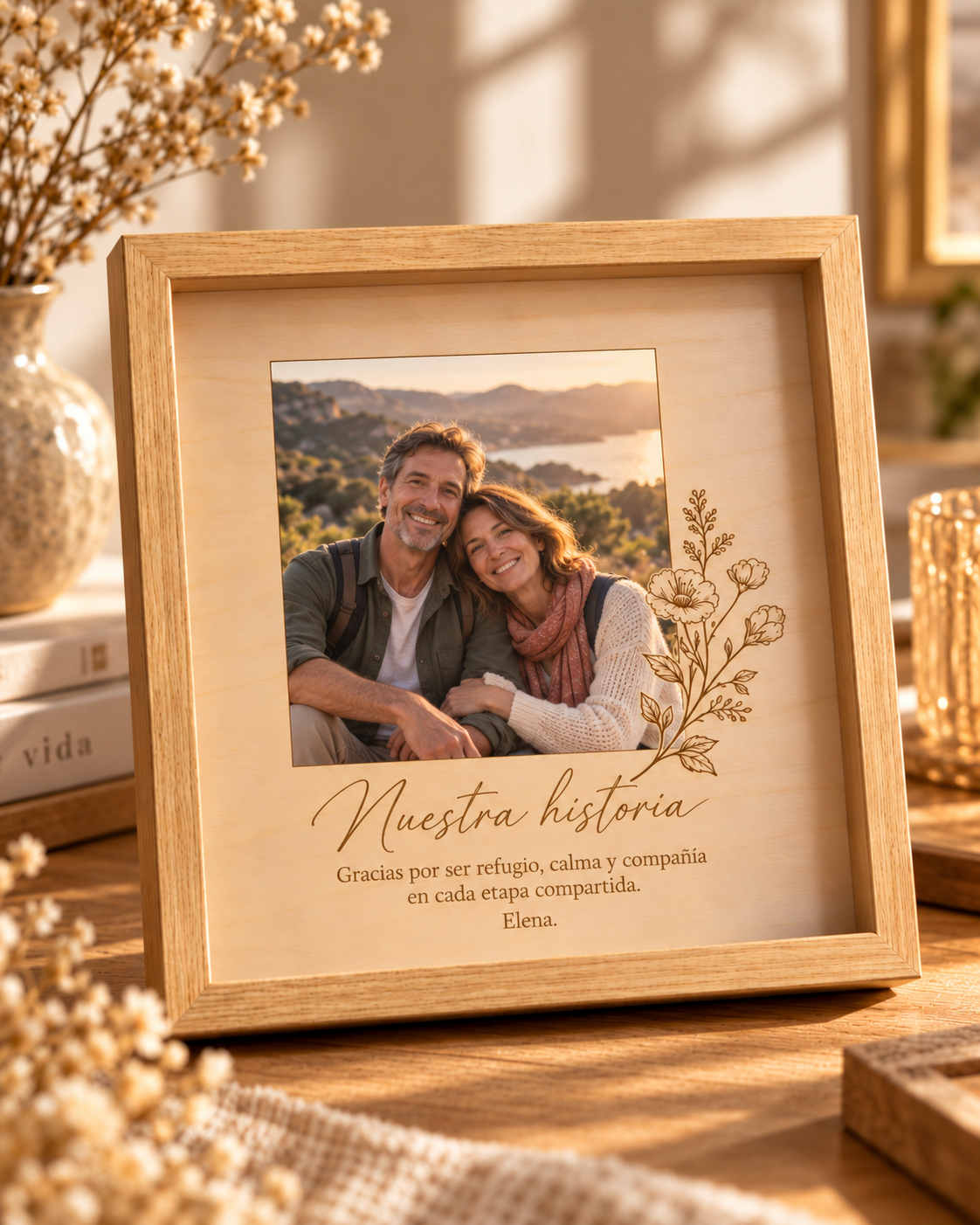 alivora-06-cuadro-foto-dedicatoria-diseno-floral-principal Cuadro de madera natural con foto de pareja, texto personalizado e ilustración floral lineal integrada en la imagen.