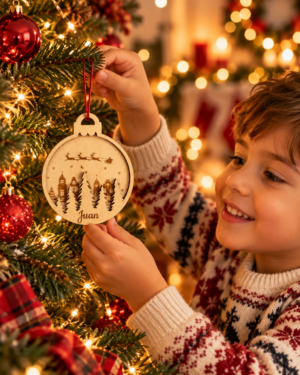 Niña colocando una bola de madera con paisaje invernal y trineo de Papá Noel en el árbol de Navidad.