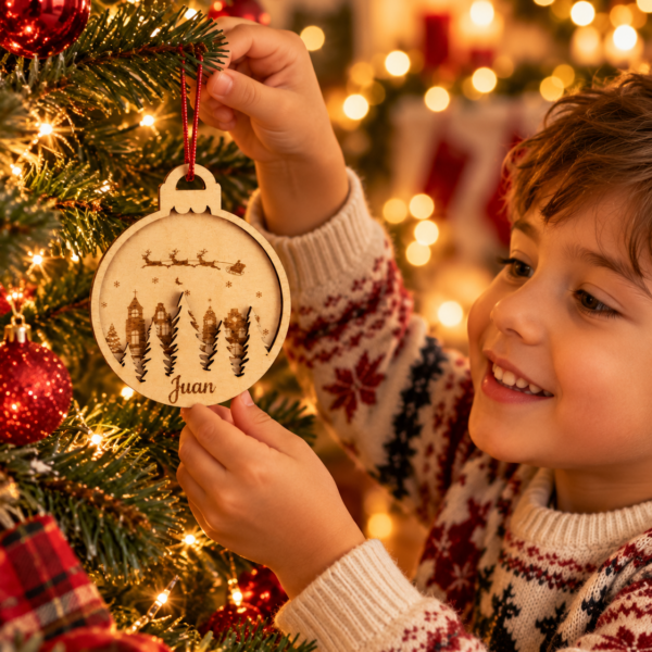 Niña colocando una bola de madera con paisaje invernal y trineo de Papá Noel en el árbol de Navidad.