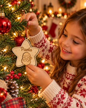 Niña colgando en el árbol una estrella de madera personalizada con Papá Noel.