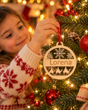 Niña colocando en el árbol una bola de madera de los Reyes Magos con el nombre Lorena.