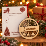 Bola de madera con el nombre Lorena, copos de nieve y escena de los Reyes Magos.
