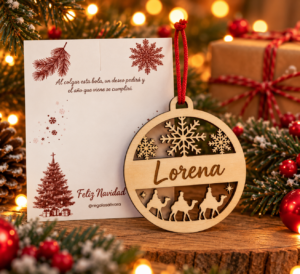 Bola de madera con el nombre Lorena, copos de nieve y escena de los Reyes Magos.