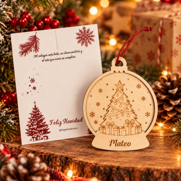 Adorno de madera con forma de bola de nieve, árbol y nombre personalizado.