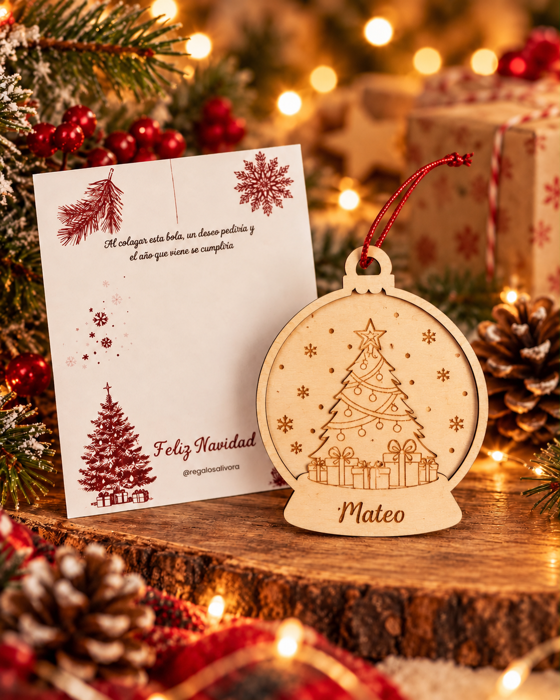 alivora-12-bola-nieve-arbol-navidad-principal Adorno de madera con forma de bola de nieve, árbol y nombre personalizado.