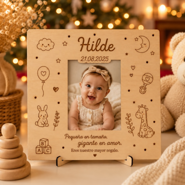 Marco de bebé de madera personalizado con foto en ambiente navideño