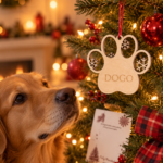 Adorno de madera en forma de huella con nombre, colgado en un árbol de Navidad junto a un perro.