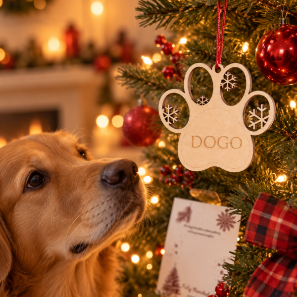 Adorno de madera en forma de huella con nombre, colgado en un árbol de Navidad junto a un perro.