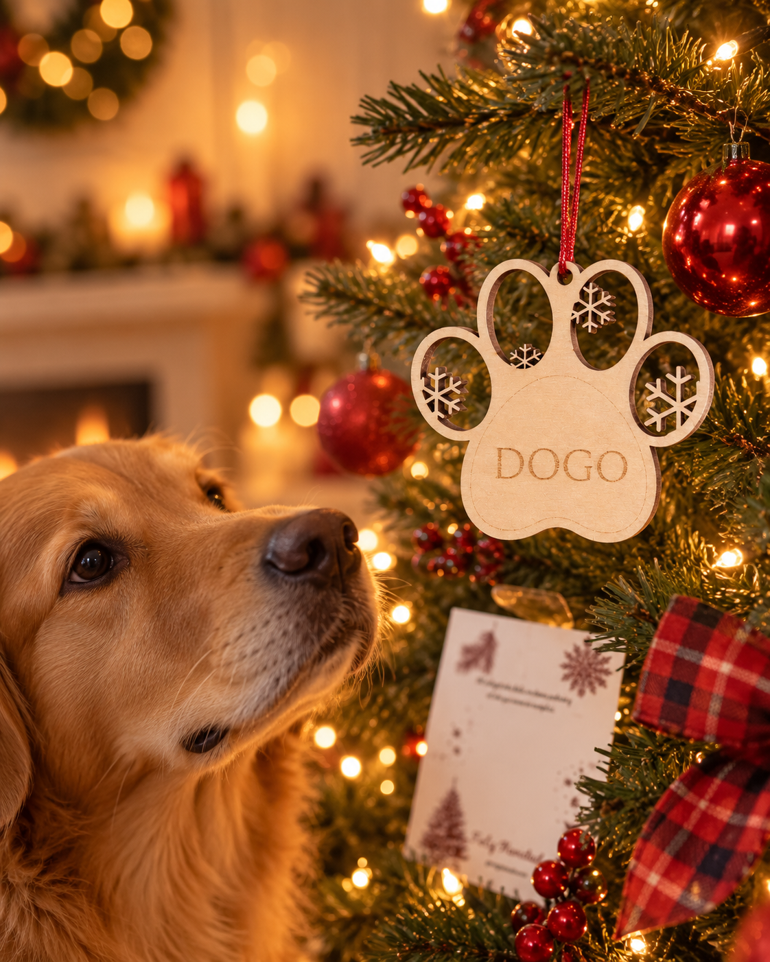 alivora-14-adorno-navidad-huella-mascota-principal Adorno de madera en forma de huella con nombre, colgado en un árbol de Navidad junto a un perro.