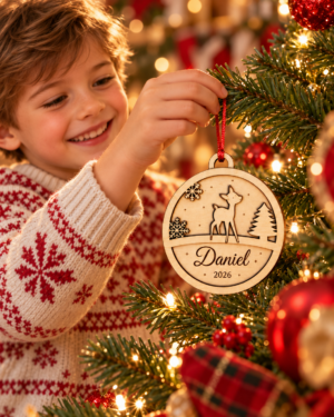 Niño colocando en el árbol una bola redonda de madera con reno y nombre personalizado.