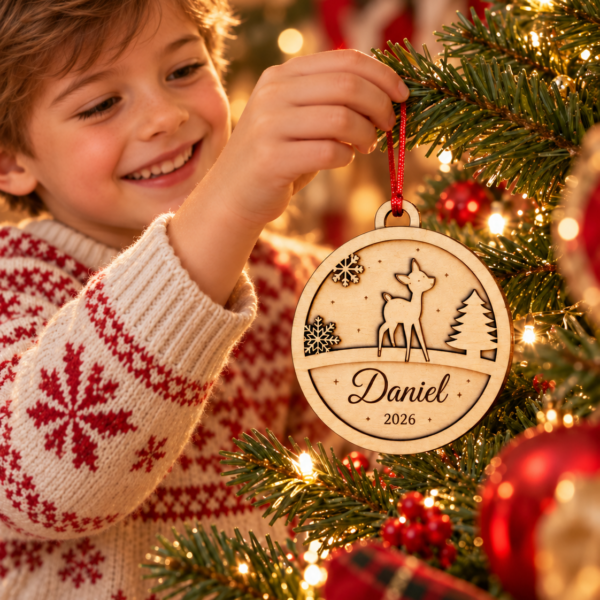Niño colocando en el árbol una bola redonda de madera con reno y nombre personalizado.