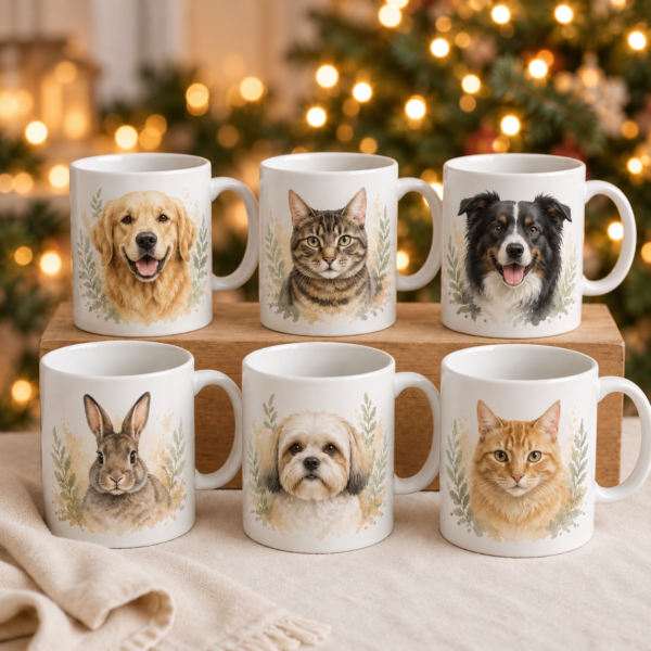 Ejemplos de tazas blancas personalizadas con retratos de mascotas en un ambiente navideño