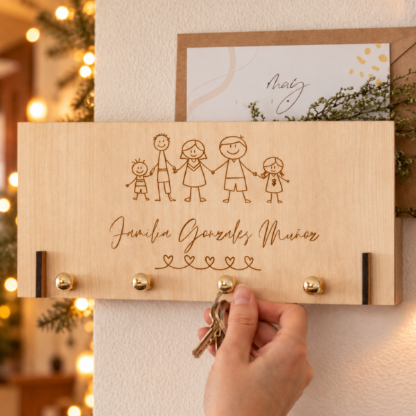 Cuelga llaves de madera personalizado con nombres de familia en un ambiente navideño
