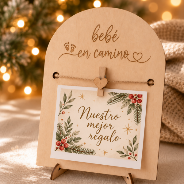 Portafotos de madera bebé en camino con lámina gráfica de ejemplo Nuestro mejor regalo en ambiente navideño