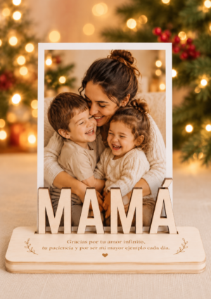 Marco de madera personalizado con foto y nombre en ambiente navideño — ejemplo de personalización