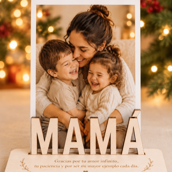 Marco de madera personalizado con foto y nombre en ambiente navideño — ejemplo de personalización