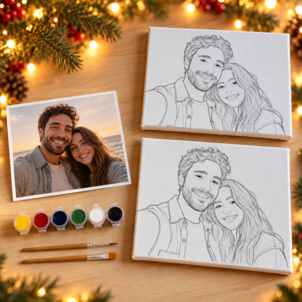 Kit de lienzos personalizados para parejas en ambiente navideño — ejemplo de personalización