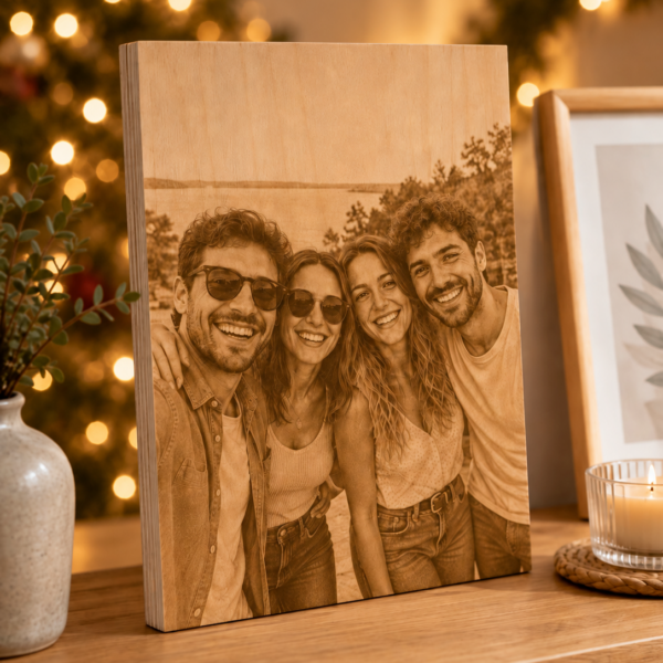 Foto en madera personalizada con grabado láser y dedicatoria en ambiente navideño — ejemplo de personalización