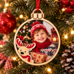 Adorno redondo de madera con foto infantil y reno, colgado en un árbol de Navidad con luces cálidas.