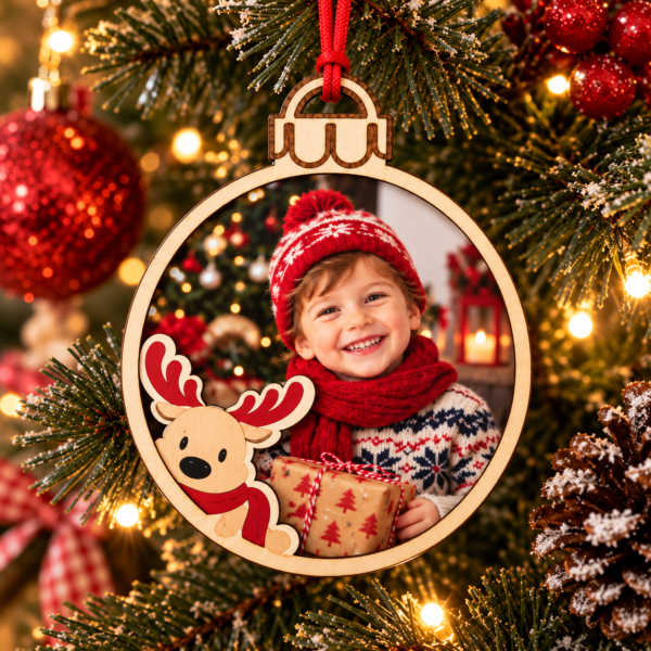 Adorno redondo de madera con foto infantil y reno, colgado en un árbol de Navidad con luces cálidas.