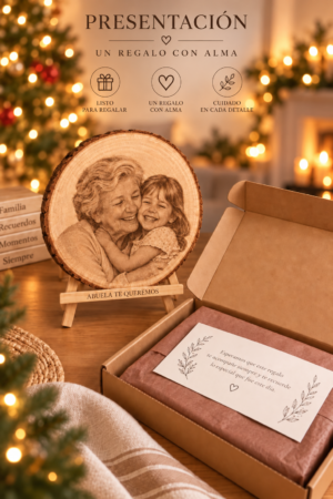 Rodaja de madera personalizada con foto grabada y dedicatoria en ambiente navideño — ejemplo de personalización