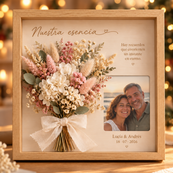 Cuadro floral personalizado con foto y flores preservadas en ambiente navideño