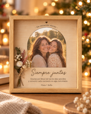 Cuadro personalizado con foto en arco y flores preservadas en ambiente navideño