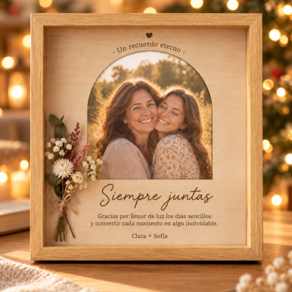 Cuadro personalizado con foto en arco y flores preservadas en ambiente navideño