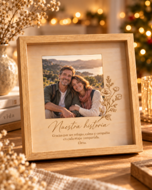 Cuadro personalizado con foto, dedicatoria y diseño floral en ambiente navideño